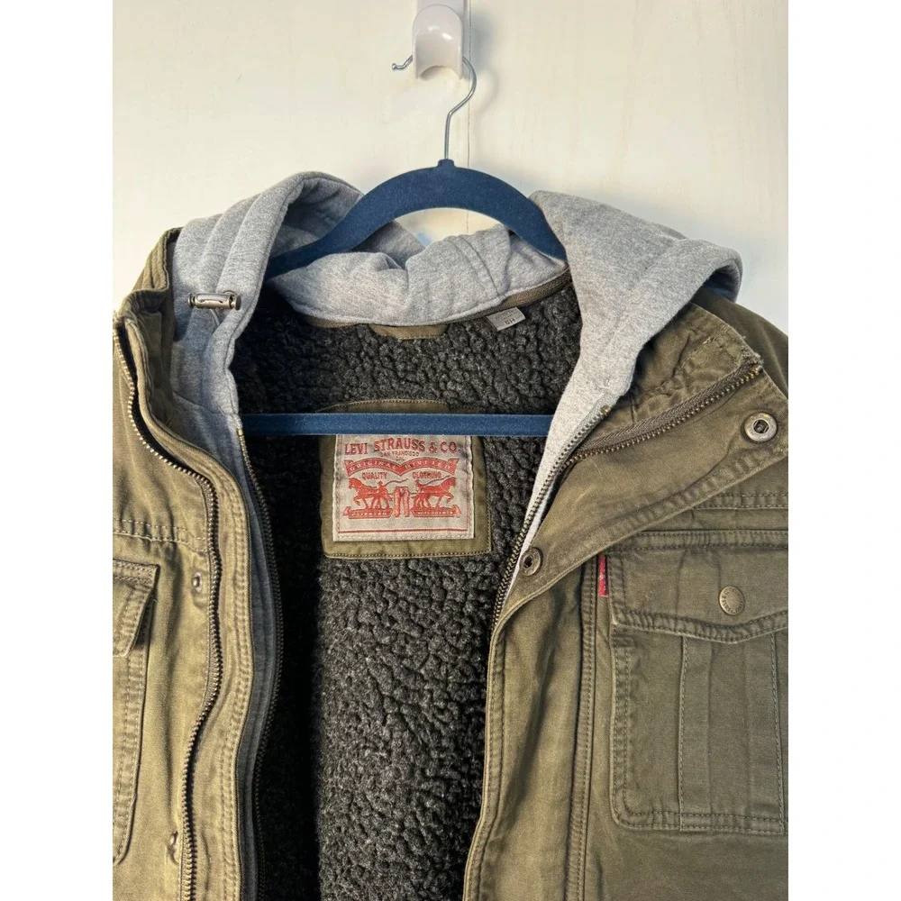 Levi's Mens Military Jacket Green‎ Olive Washed Cotton Sherpa Lined Hooded Small